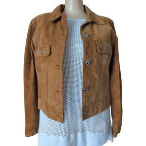 Vintage Distressed Suede Leather Trucker Jacket Women Medium Y2K Grunge Cropped